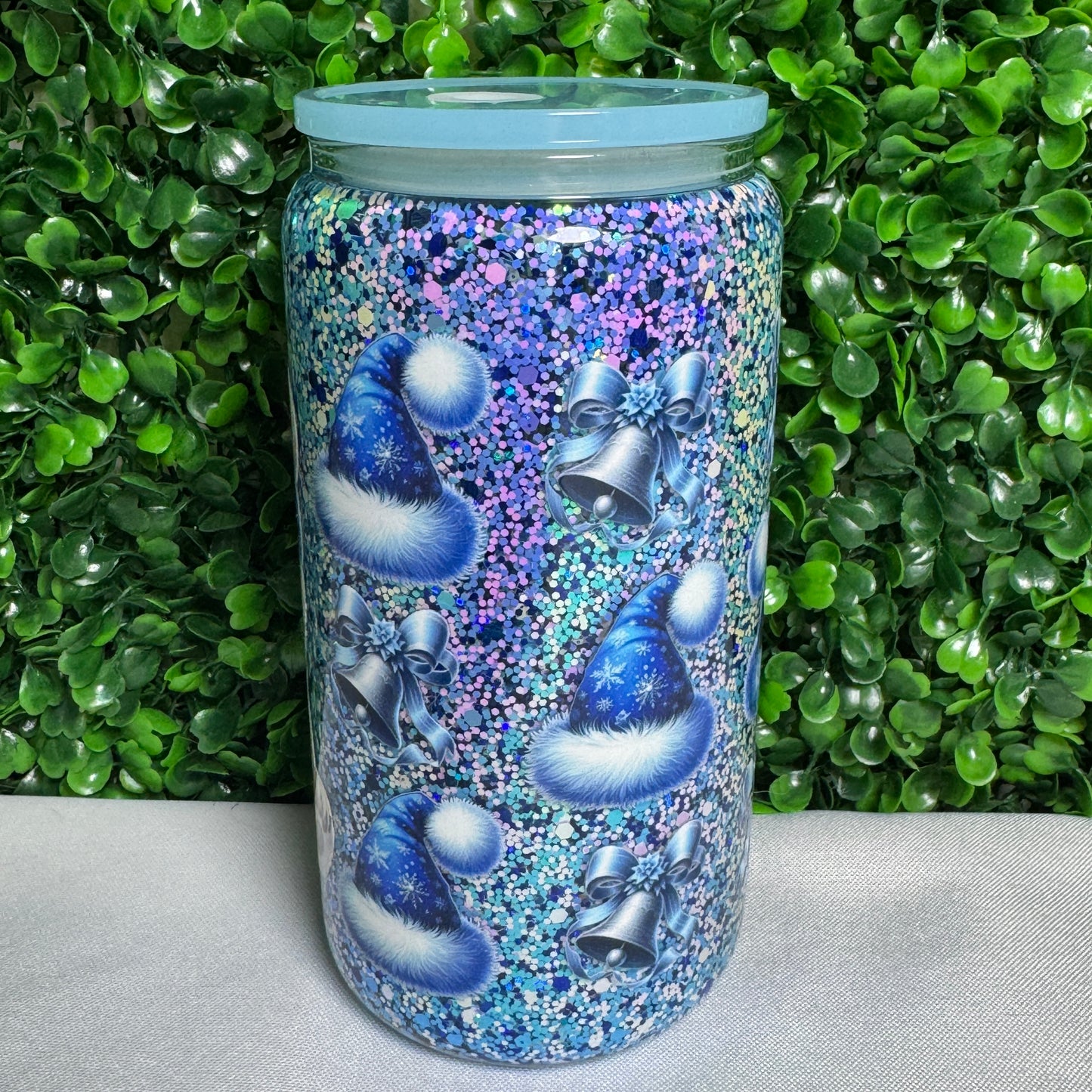16oz Glass Blue Winter Bear UVDTF snowglobe glitter cup