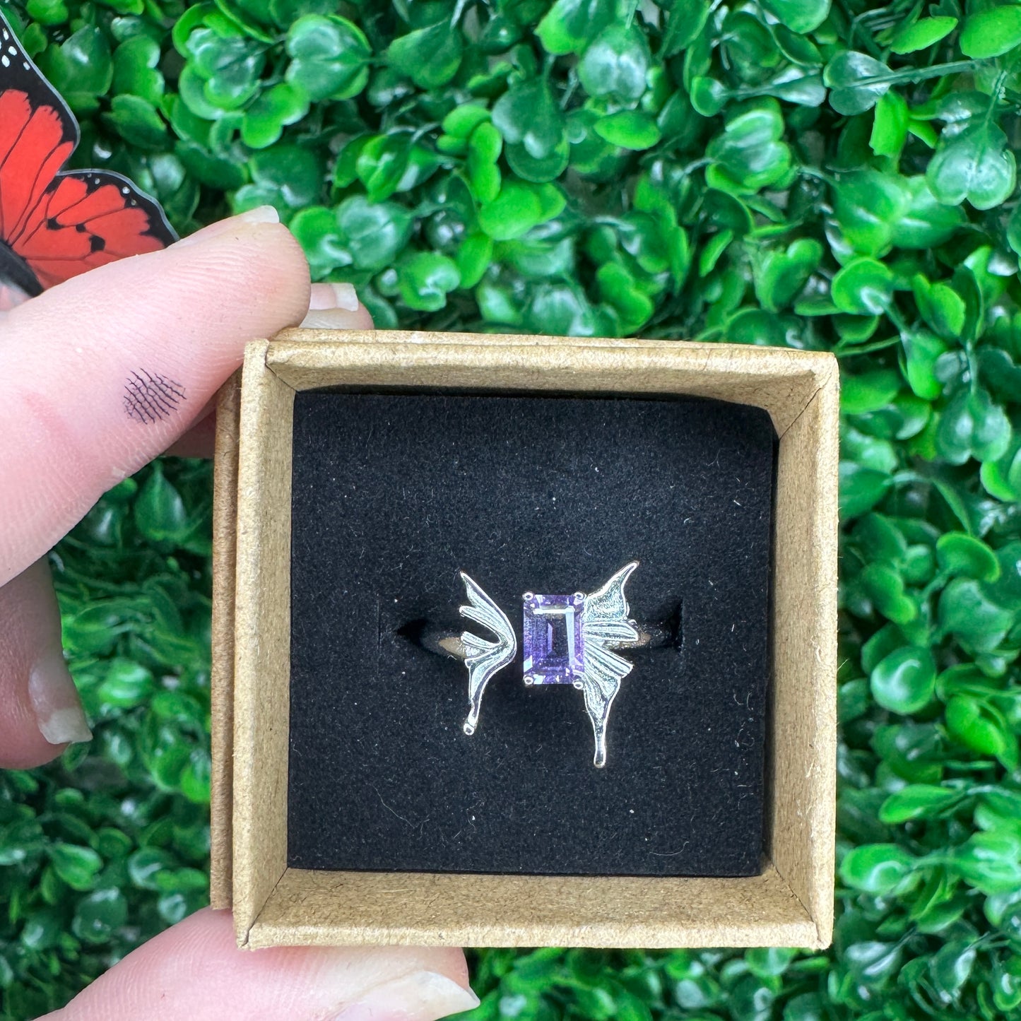 Adjustable Amethyst Butterfly Ring