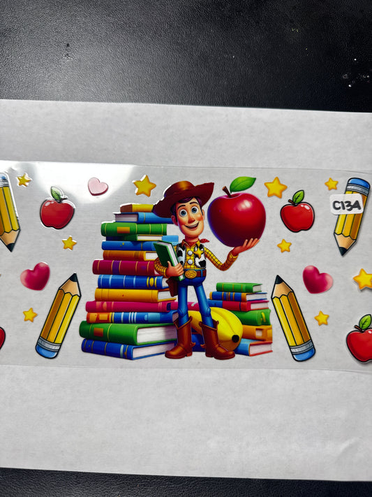 C134 Toy Character with books apples and pencils uvdtf wrap