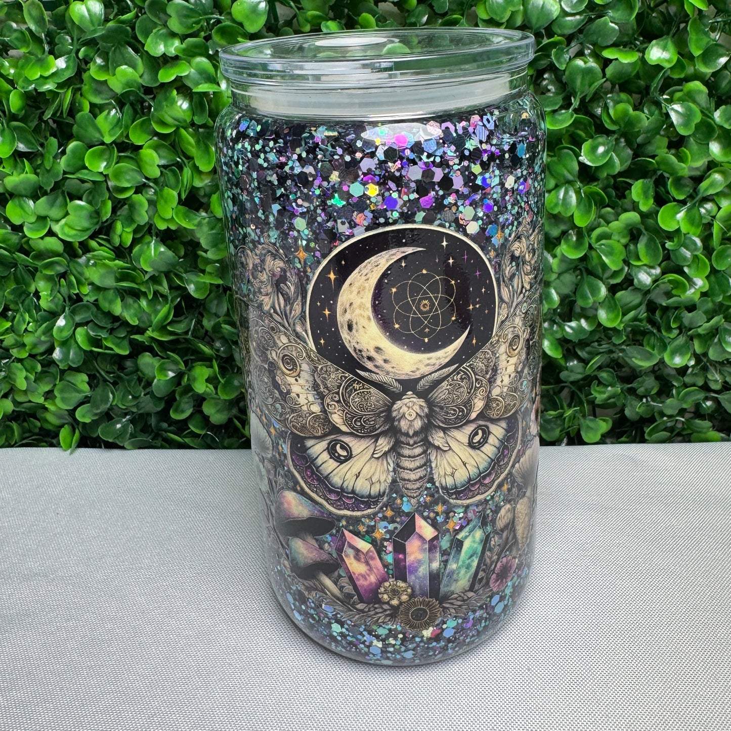 16oz Glass Moth and Crystal UVDTF glitter snowglobe cup