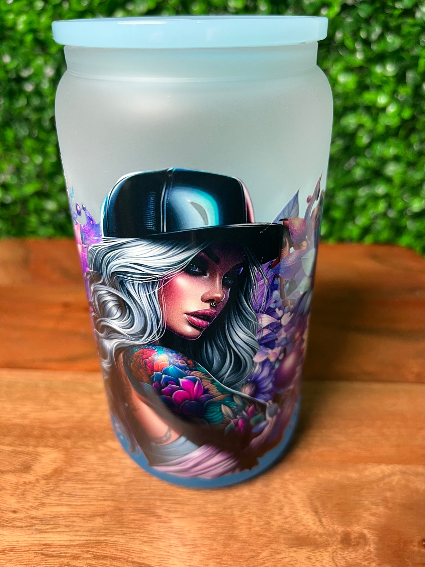 16oz Tattoo Girl Flower UVDTF Glass Cup