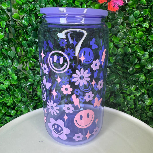 16oz Glass Purple Smiley UVDTF cup
