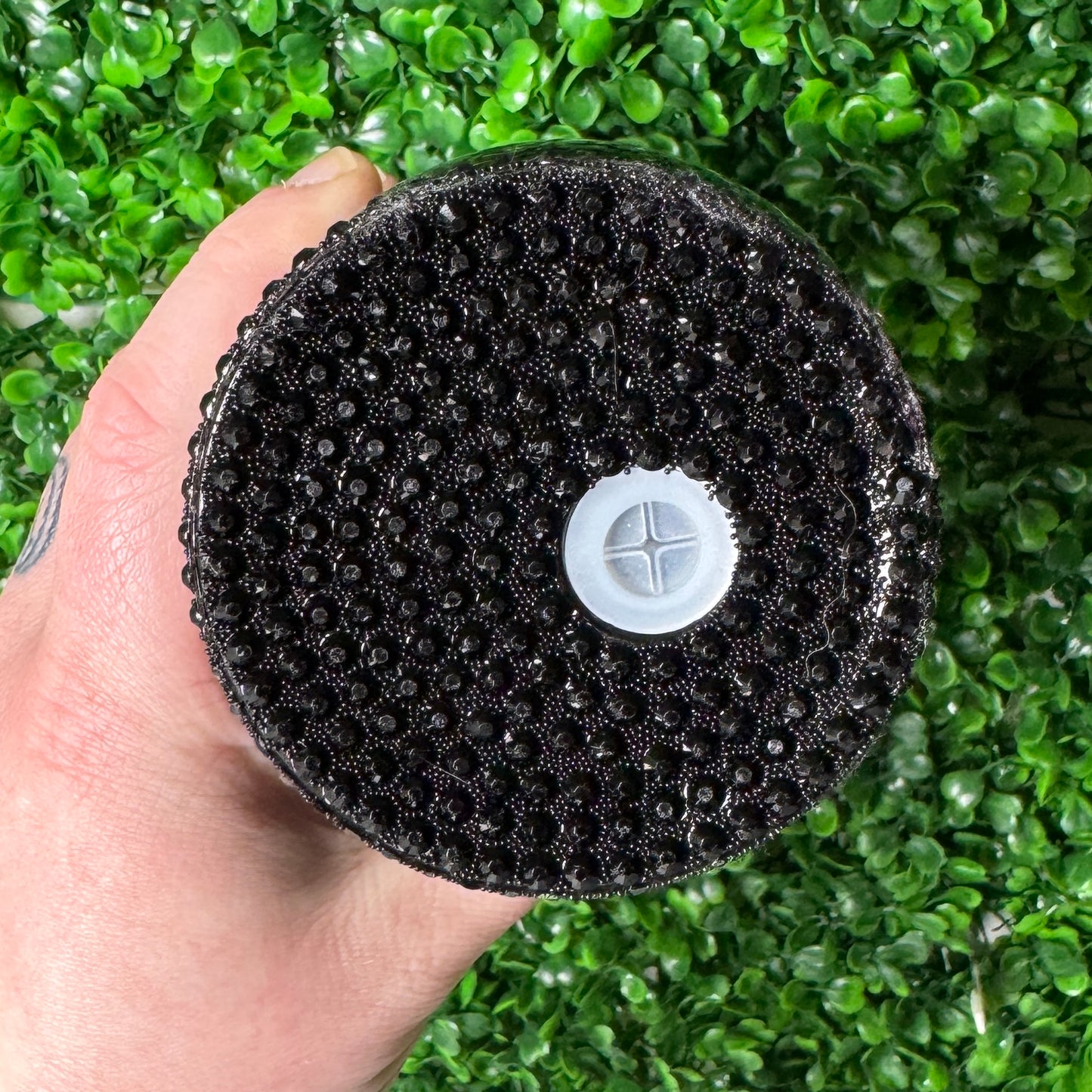 16oz Black Glass Cup with Rhinestone lid