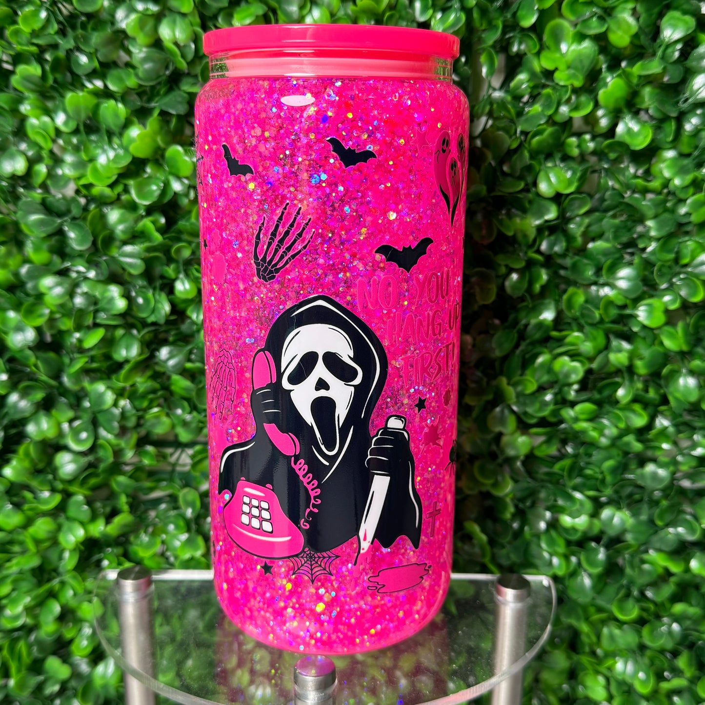20oz Hot Pink Ghost Face Glass glitter Snowglobe cup