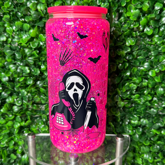 20oz Hot Pink Ghost Face Glass glitter Snowglobe cup
