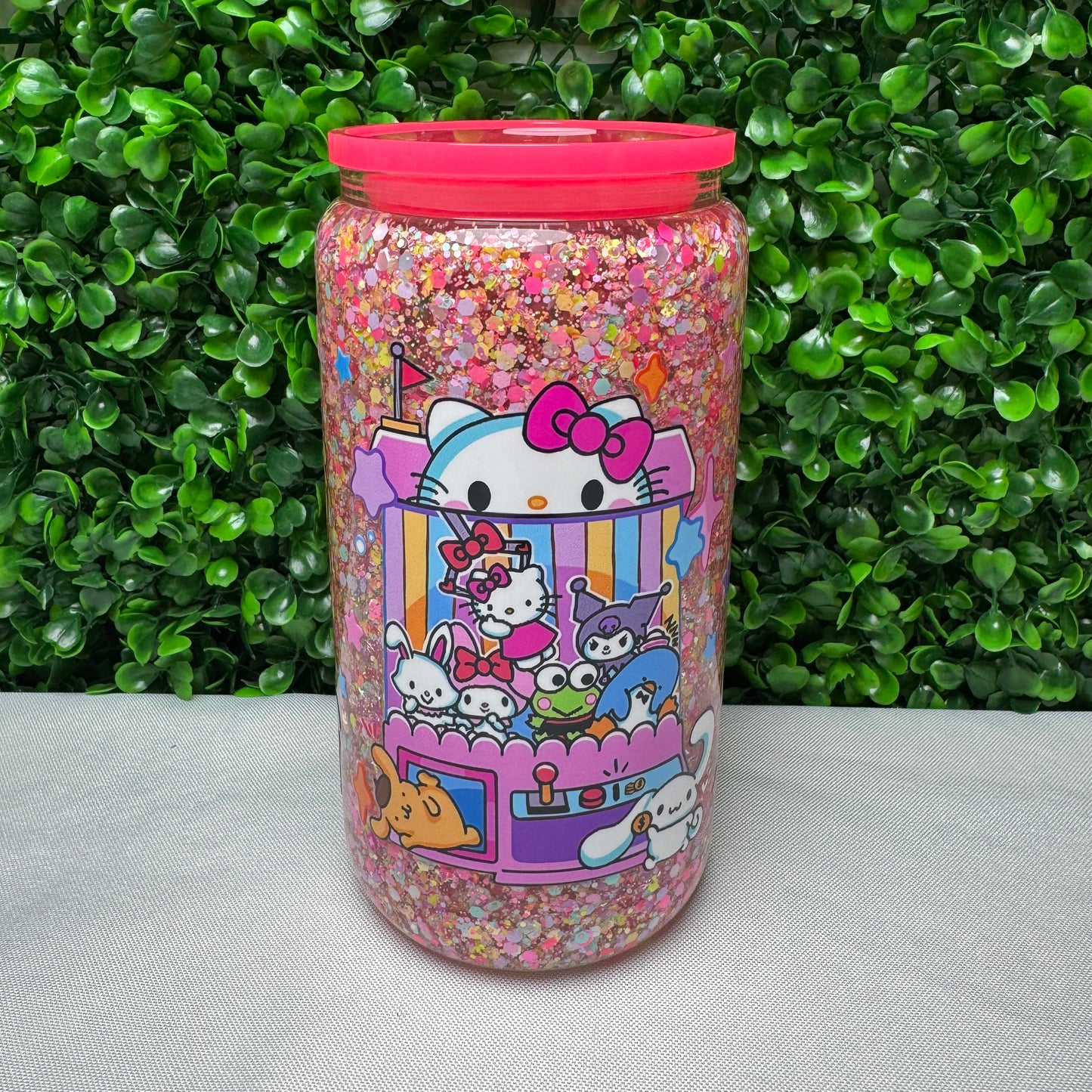 16oz Pink HK UVDTF Glitter snowglobe cup