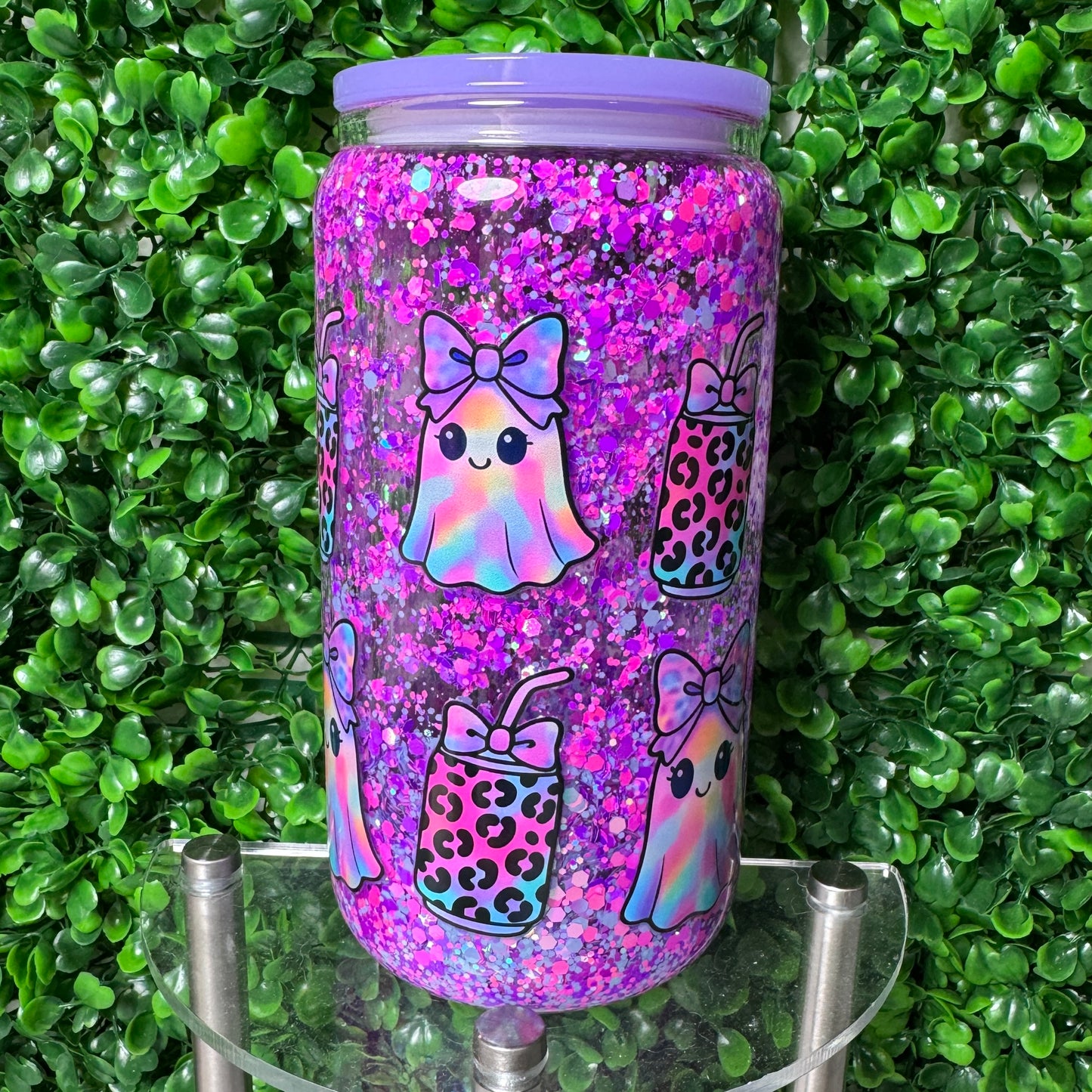 16oz Purple Ghosts UVDTF glass glitter snowglobe cup