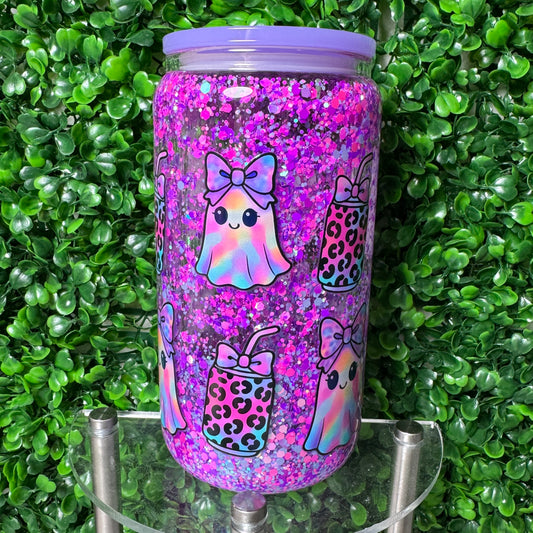16oz Purple Ghosts UVDTF glass glitter snowglobe cup
