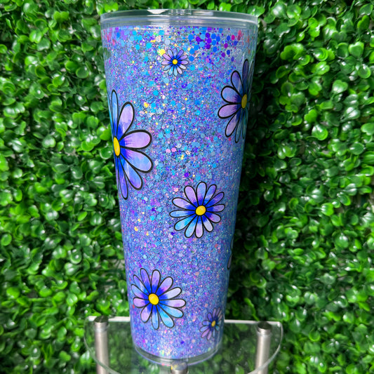 24oz Blue and Purple Flower UVDTF Acrylic Snowglobe glitter tumbler cup