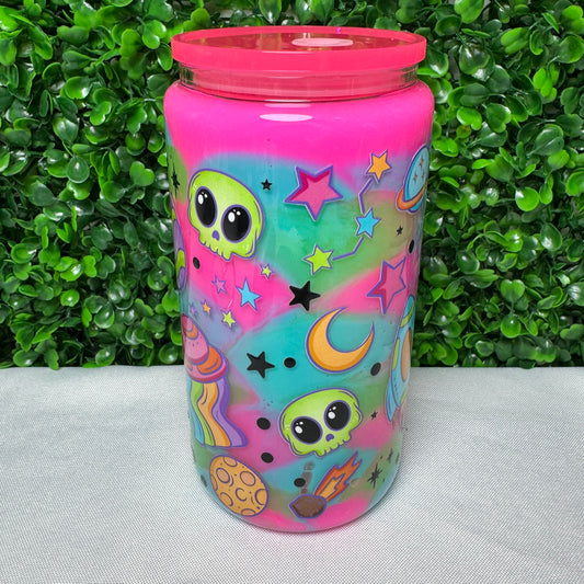 16oz Glass Alien UVDTF snowglobe paint cup