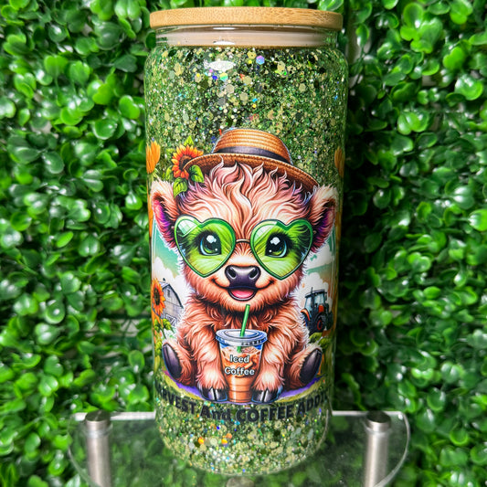 20oz Green Heart Glasses Highland Cow UVDTF glitter Snowglobe cup