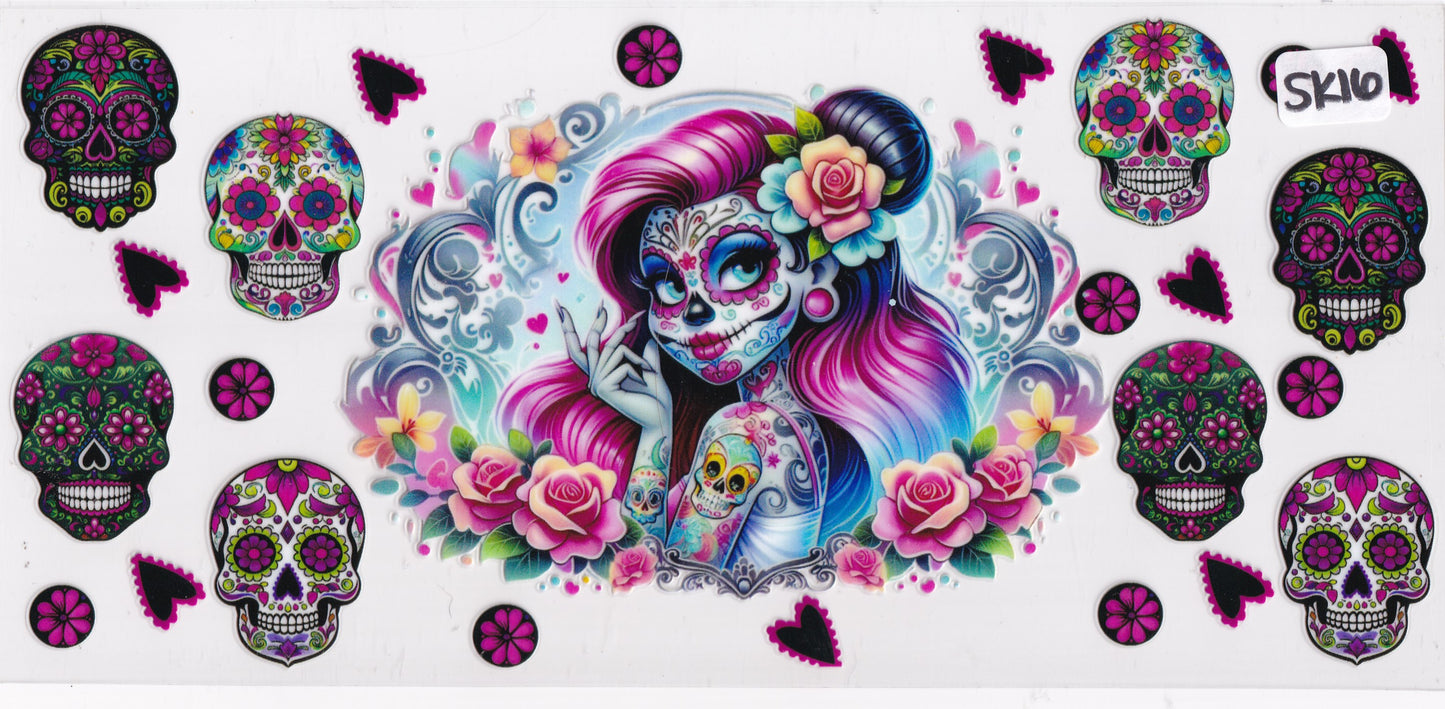 SK16 Skulls Flowers Girl Holiday UVDTF Wrap