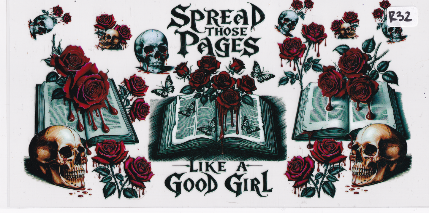 R32 Books Skulls Roses Girl UVDTF Wrap