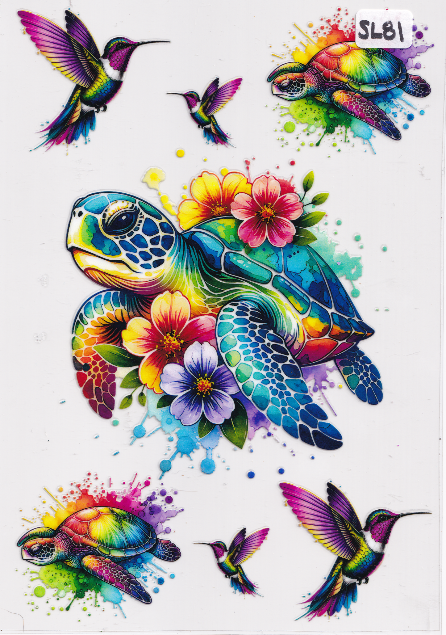 SL81 Sea Turtle Hummingbird Flowers UVDTF Wrap