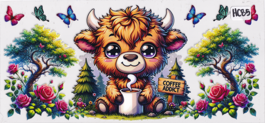 HC85 Highland Cow Flowers Butterflies Coffee UVDTF Wrap