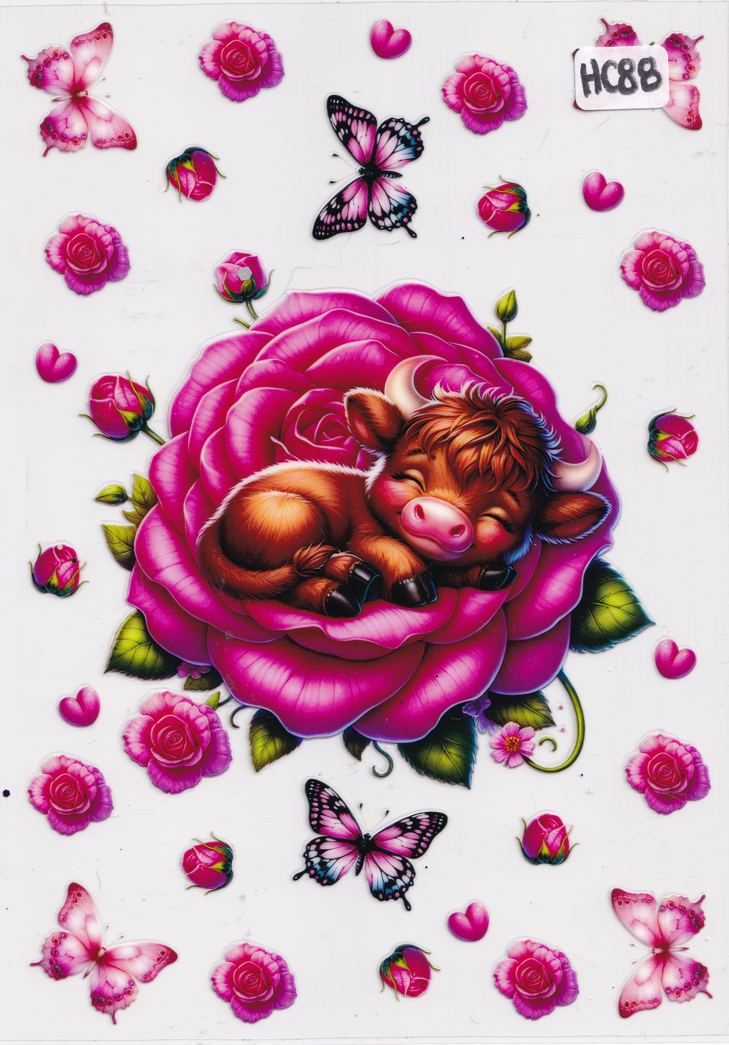 HC88 Highland Cow Rose Flowers Butterflies UVDTF Wrap