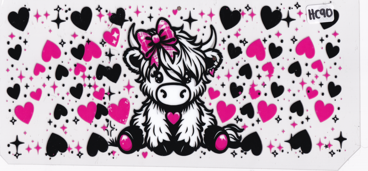 HC90 Highland Cow Ribbon Hearts UVDTF Wrap