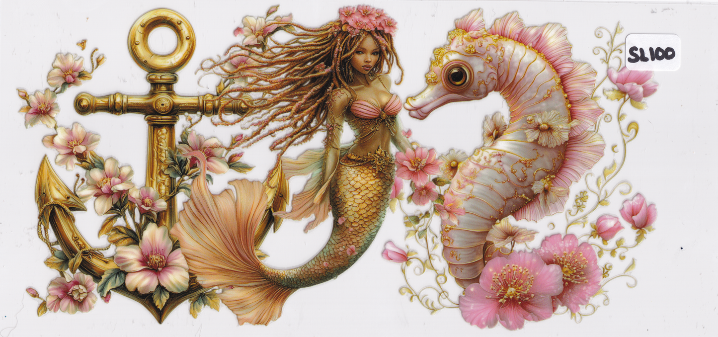 SL100 Anchor Mermaid Sea Horse Flowers UVDTF Wrap