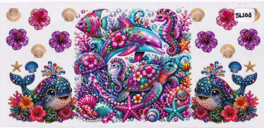 SL103 Dolphin Sea Turtle Whale Flowers UVDTF Wrap