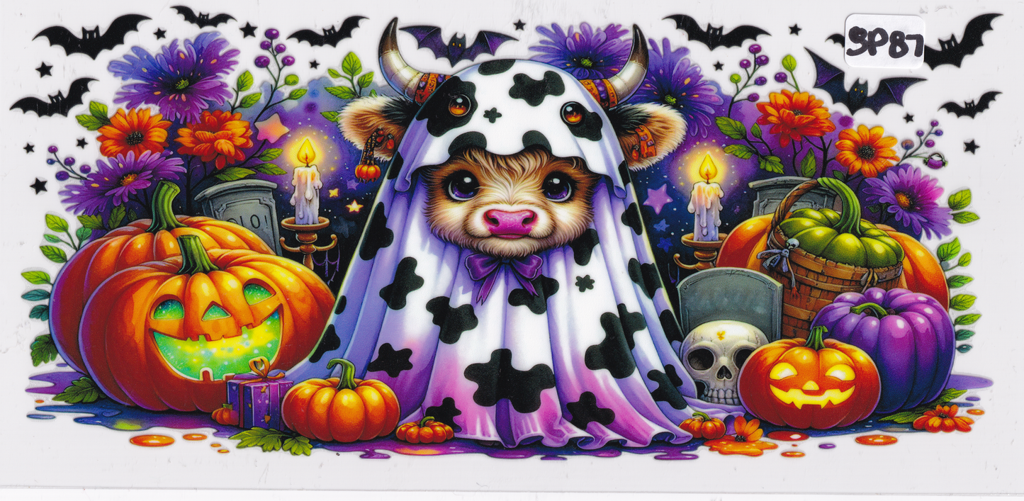 SP87 Halloween Pumpkin Ghost Highland Cow UVDTF Wrap