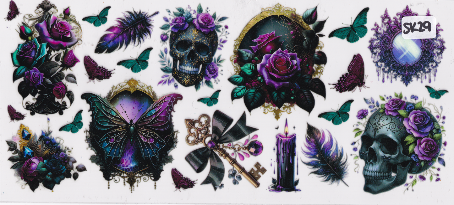SK29 Skulls Butterflies Flowers UVDTF Wrap