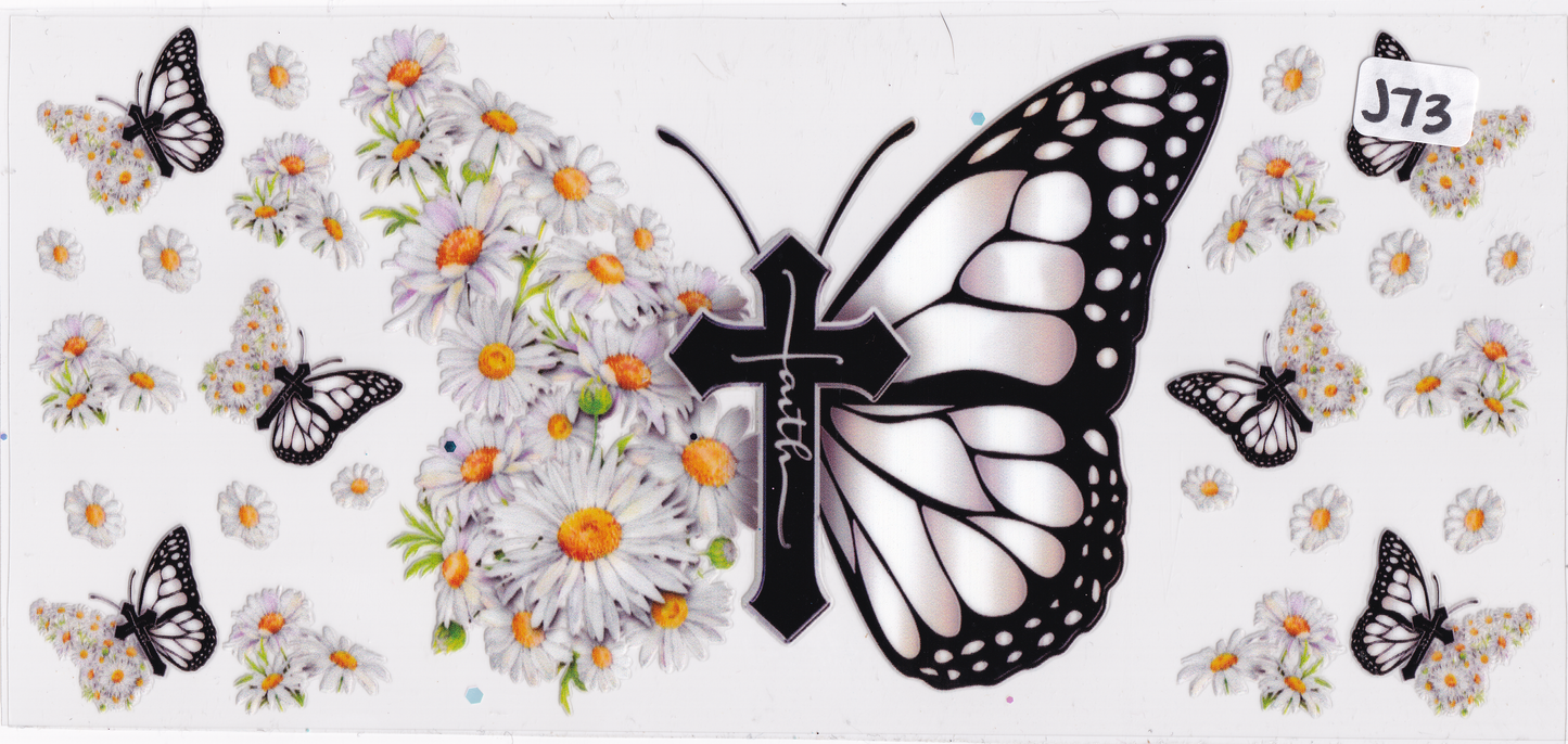 J73 Religion Butterflies Flowers Cross UVDTF Wrap