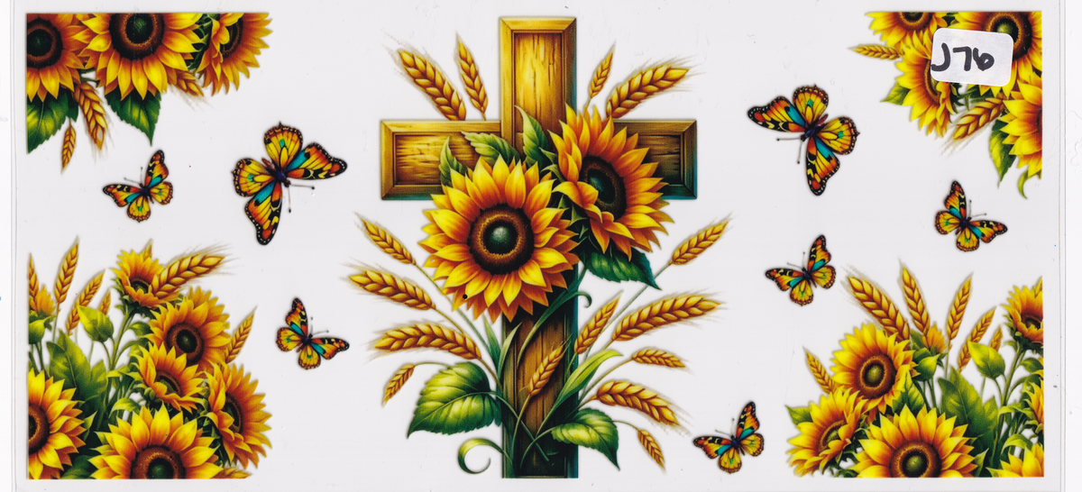 J76 Religion Cross Flowers Butterflies UVDTF Wrap