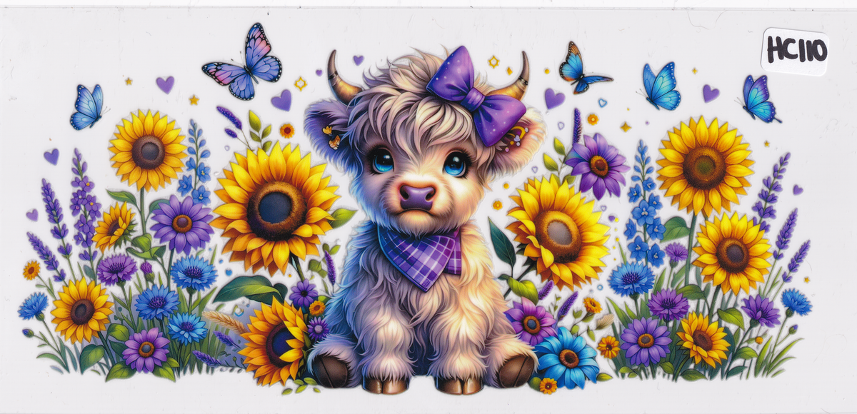 HC110 Highland Cow Flowers Butterflies UVDTF Wrap