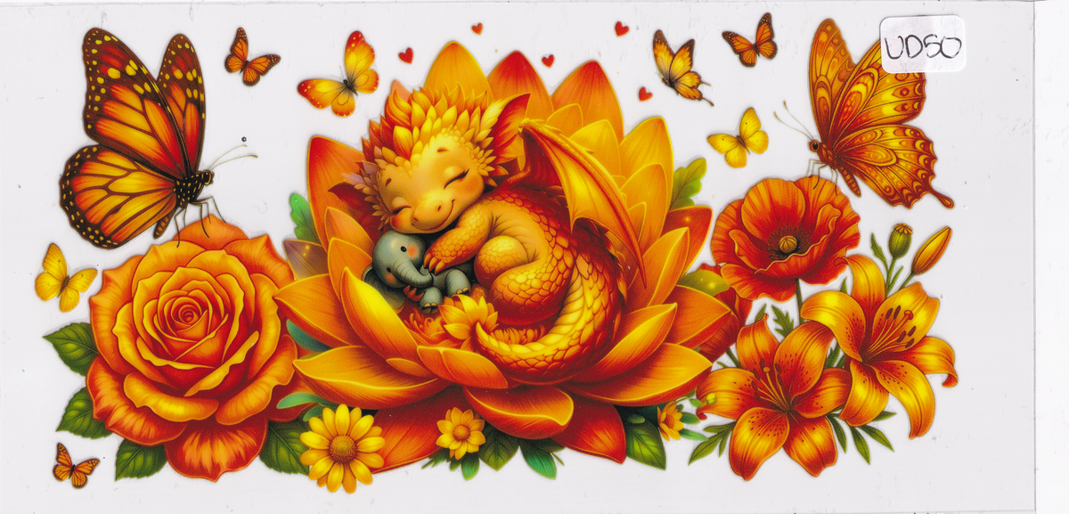 UD50 Cute Dragon Flowers Butterflies UVDTF Wrap