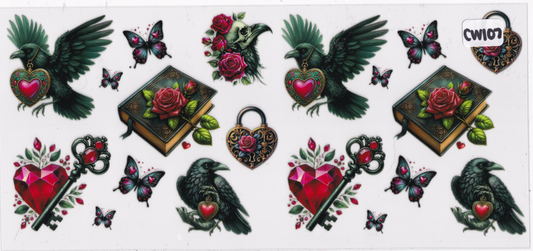 CW107 Birds Hearts Flowers UVDTF Wrap
